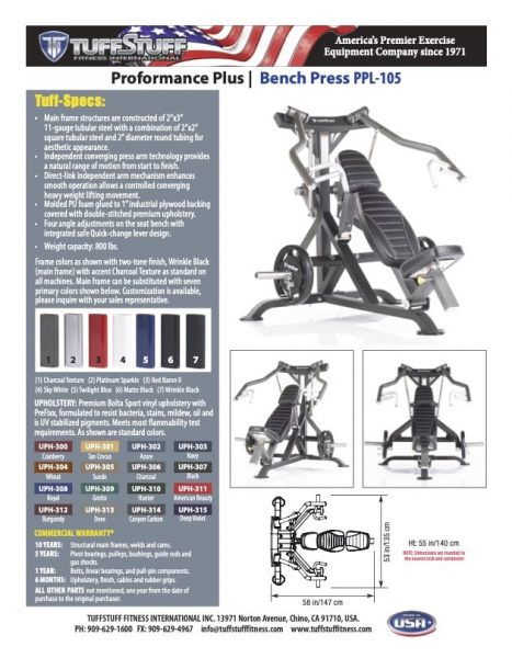 Spec Sheet - Proformance Plus Plate Loaded Bench Press (PPL-105)